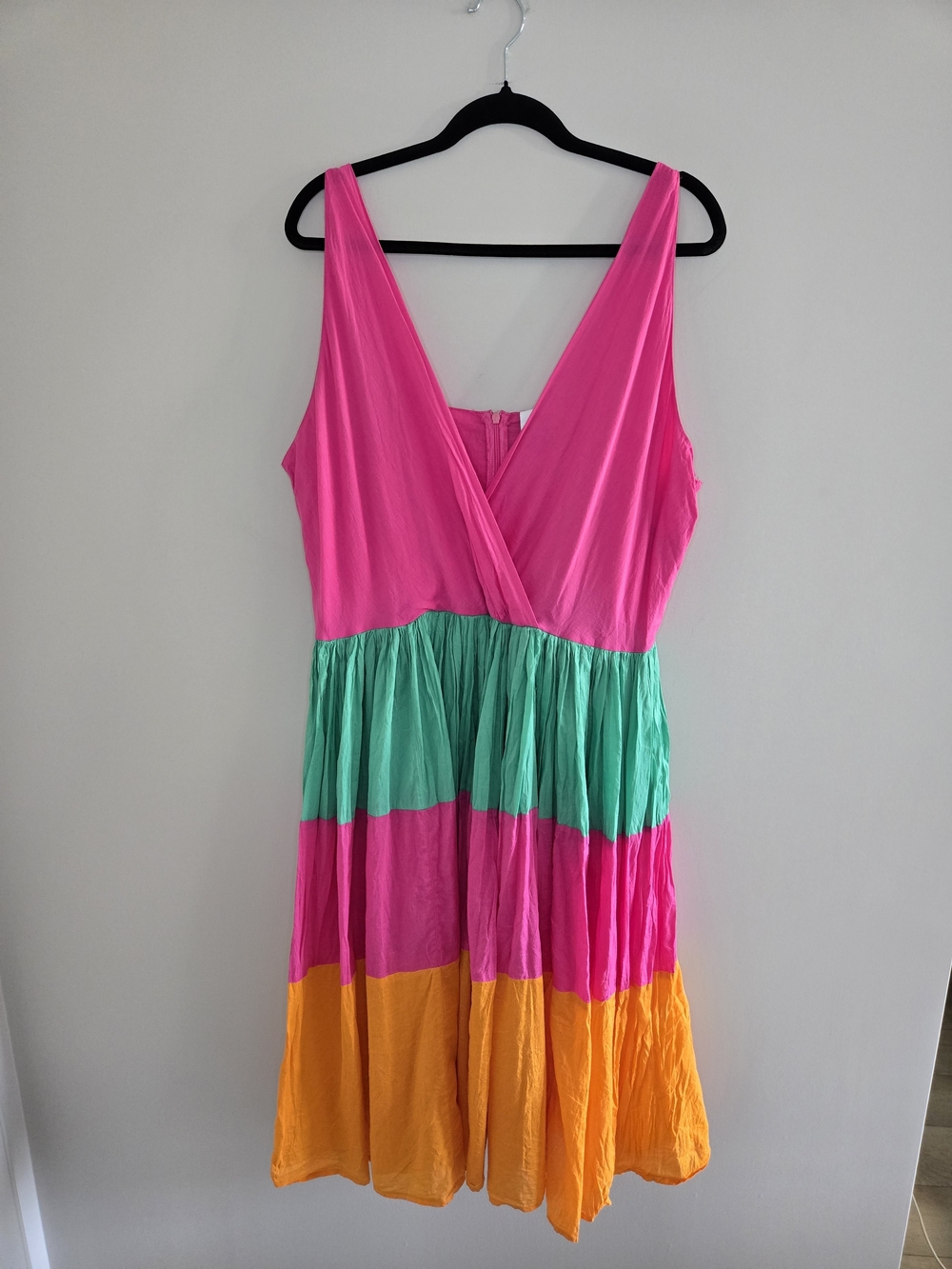 Bright pink colorblock midi dress, green + orange, sleeveless, fit and flare
